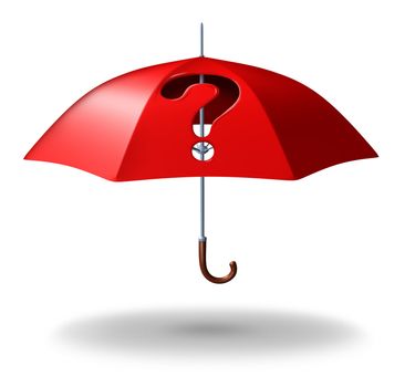 Protection uncertainty and risk with a red umbrella with a hole through it in the shape of a question mark as a stress symbol of home or life security challenges in terms of coverage doubts.