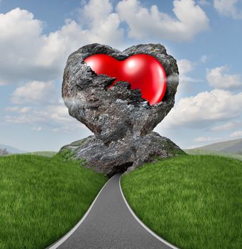 Relationship difficulties with a heart of stone breaking up to expose a red shaped valentine symbol as a diamond in the rough representing challenges of marriage and dating.