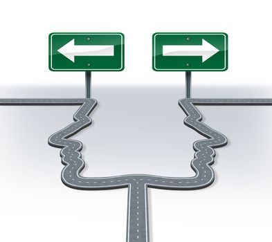 Strategy decisions and career choices at a cross roads with a fork in the road shaped as two human heads in a concept of a business dilemma choosing the direction to travel when facing two equal or similar options.