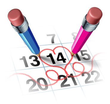 Valentines day with two three dimensional pencils in color blue and pink drawing a red heart shape around a calendar of Febuary the fourteen as a reminder of a romantic love concept for a date or marriage anniversary on white.