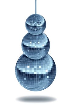 Winter party with holiday dance music symbol with night disco balls as a mirror sphere in the shape of a snowman for festive fun and new year dancing celebrations in a nightclub or club on white.