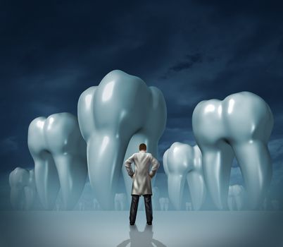 Dentist and dental care medical tooth health symbol of oral hygiene with a professional man in a white lab coat facing giant molar teeth on a dark foggy background.