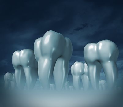 Dental care and medical tooth health symbol of oral hygiene with a health care landscape of giant three dimensional molar teeth on a dark foggy background.