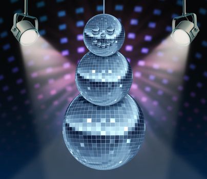 Winter holiday music symbol with Dance night disco balls as a mirror sphere in the shape of a snowman for festive fun and new year celebrations dancing party in a nightclub or dance club with glowing stage lights.