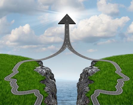Bridge the gap and bridging the differences between two business partners over a financial cliff to merge together for team success as a strong partnership with two head shaped roads merging as an upward arrow.