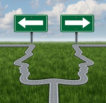 Career decision at a cross roads showing a fork in the road in the shape of two human heads as a the concept of a job dilemma choosing the direction to go when facing two equal or similar business options.