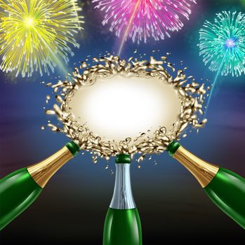 Celebrating message with uncorked exploding champagne bottles splashing sparkling wine into the center as a shape of a blank sign with fireworks for an important happy fun celebration communication.