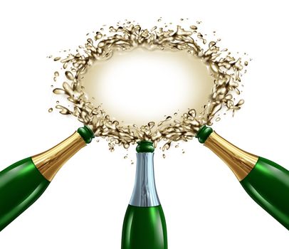 Celebration blank sign with three uncorked exploding champagne bottles with bubbling wine splashing forward to form a liquid signage  for celebrating an important occasion.