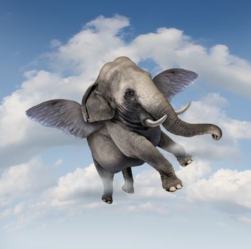 Potential and possibilities concept with a realistic elephant flying in the air using wings as a business symbol of achievement and belief in your abilities to succeed in upward growth.