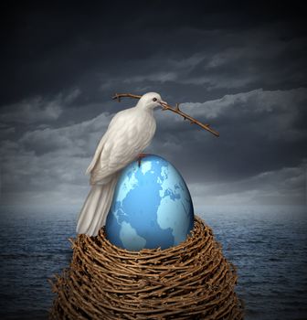 Global Peace and hope for no war in the middle east and the rest of the planet with a white dove building a nest with twigs and a fragile egg with the map of the world on a cloudy sky and ocean.