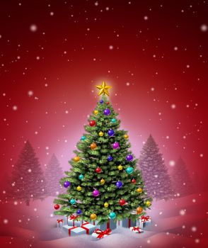 Red Christmas winter tree decorated with ornate decorative balls and gifts with ribbons and bows as a seasonal symbol of winter celebration and festive new year on a magical snowing night.