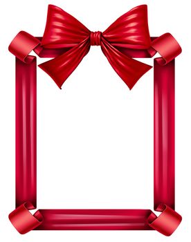 Red silk ribbon and bow as a frame for a seasonal decoration for gift giving during a celebration as Christmas birthdays and anniversaries or valentine day isolated on a white background.
