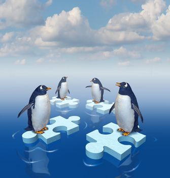 Coming together with common purpose to assemble a team partnership to form a strong group with four penguins merging floating chunks of ice in the shape of puzzle pieces as insurance..
