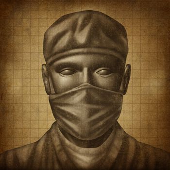 Doctor with a surgical Mask on an old grunge texture as a health care concept for medical emergency surgery and physician specialist in hospital services.