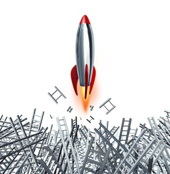 Drive and passion with a persistant determination for business and financial success with a rocket breaking through ladder obstacles on a white background.