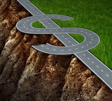 Financial cliff or fiscal risk and dangerous challenges regarding the risk in investing and finance management pit falls with a highway in the shape of a dollar symbol on the edge of a hazardous cliff.