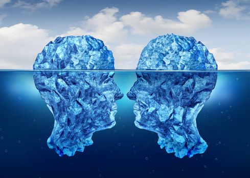Hidden relationship and secret partnership as two icebergs shaped as human heads face to face concealed underwater as a clandestine meeting.