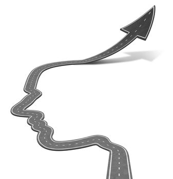 Intelligent planning career education symbol with a road in the shape of a human head turning into an upward arrow taking off as an icon of success and future opportunities on white.