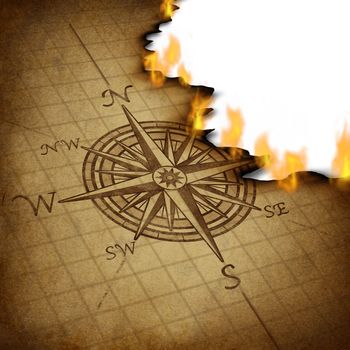 Losing direction and bad business planning and strategy with a compass rose navigation symbol on an old grunge parchment texture burning in flames as confused guidance.