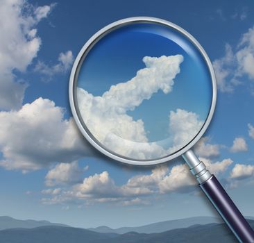 Search for opportunity and discovery of chances for business success with a visionary ability as a magnifying glass on a sky with an upward arrow shaped cloud.
