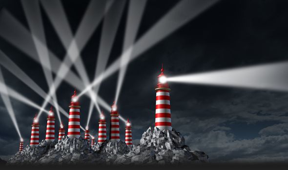 Best Advice business and financial guidance beacon with a group of confused light shinning  lighthouse tower buildings with one leader showing the right direction.