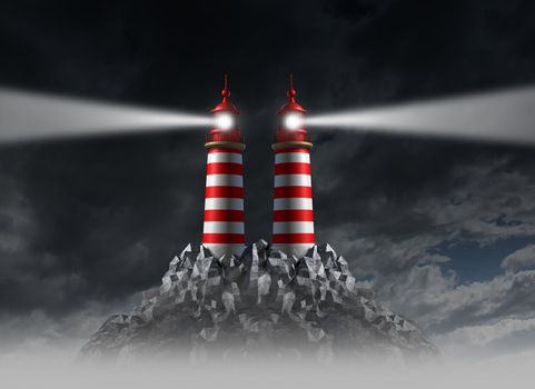 Decision crossroad and choosing the right path away from danger and hazardous choices in business with two opposite shinning light lighthouse towers on a cloudy night sky.