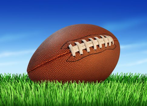 Football ball on a grass field and a blue sky as a professional or college game sport for traditional American and Canadian play.