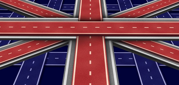 Great Britain highway Flag in perspective as a three dimensional symbol made of intersecting roads to form an icon of British economic growth English culture and European transportation concept.