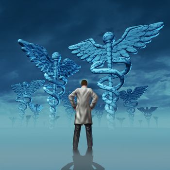 Health care stress and challenges faced by a doctor facing burnout over working at a hospital or medical clinic with a professional practitioner in a lab coat facing giant caduceus symbol sculptures.