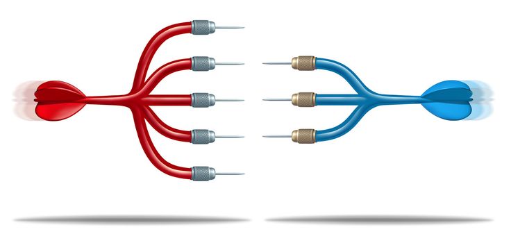 Increased competition and competitive advantage business and finance concept with a three pronged dart competing with a superior red arrow with five needles.