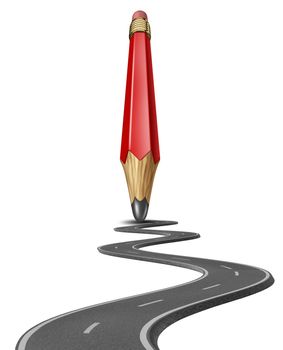 Make your own path and draw a business life strategy plan yourself with a red pencil drawing a road or highway to personal or financial success on white.
