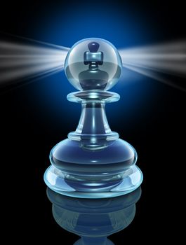 Potential inside and the power within to transform into a great leader by looking inside as a transparent glass chess pawn with a king piece hidden at the core with a glowing light on black.