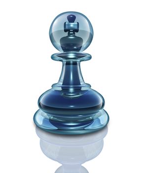 Power within and the potential to transform into a great leader by looking inside as a transparent glass chess pawn with a king piece hidden at the core on a white background.