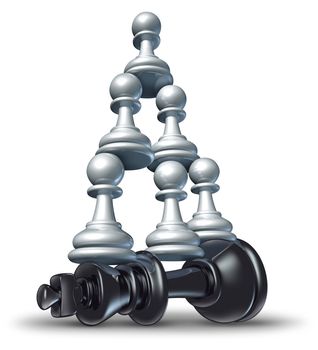Team victory as a business strategy chess symbol of changing the balance of power by teaming up in partnership and collaborating together to defeat powerful competitor.