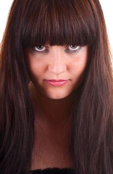 Young brunette serious woman portrait with very long hair