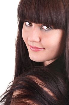 young smiling woman portrait with long hair, studio shoot on white background