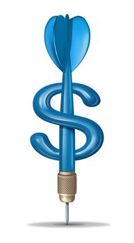 Financial target planning and focus on business investment strategy of goals with a blue dart in the shape of a dollar money symbol on a white background.
