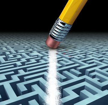 Finding solutions and solving a problem searching the best creative answers against a complicated and complex three dimensional maze having a clear shortcut path created by erasing the labyrinth with a pencil eraser.