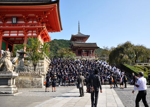 KYOTO- OCT 21: Field visit at Koyomizu temple, a famous tourist attraction, in Kyoto  on October 21, 2012. Here, built in 1633 and, is one of the most famous landmark of Kyoto with UNESCO World Heritage. 