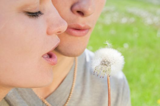 Girl and man are blowing on white dandelion in a green field