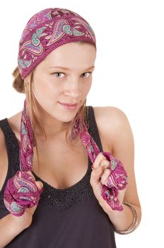 Young woman in headscarf isolated on white background