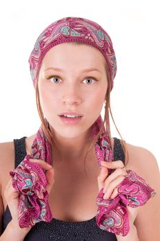 Young woman in headscarf isolated on white background