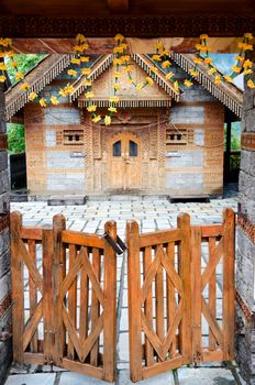 Hinduism temple with gate and court India. Selective focus on the gate.