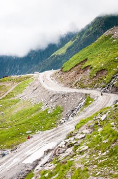 Zigzag road in mountains, Himalayas, Rohtang Pass, North India