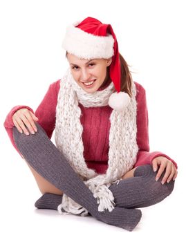 Beautiful sexy santa clause woman in hat, on white background