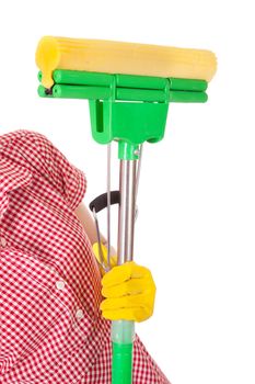 Mop in charwoman hand with yellow glove. Isolated on white background