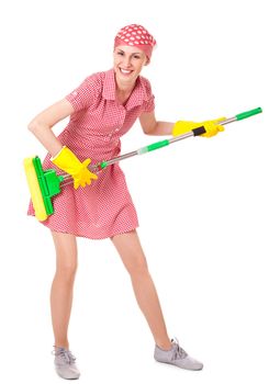 Playful charwoman with mop Isolated on white background