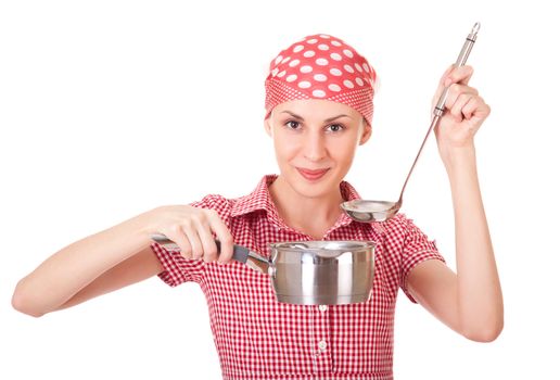 Housewife in headscarf with ladle and pan on white background
