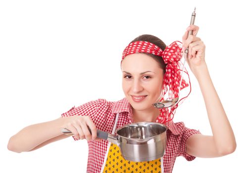 Playful housewife with ladle and pan on white background