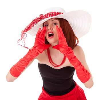 Shouting fashion girl in retro style with bright make-up and big hat on white background